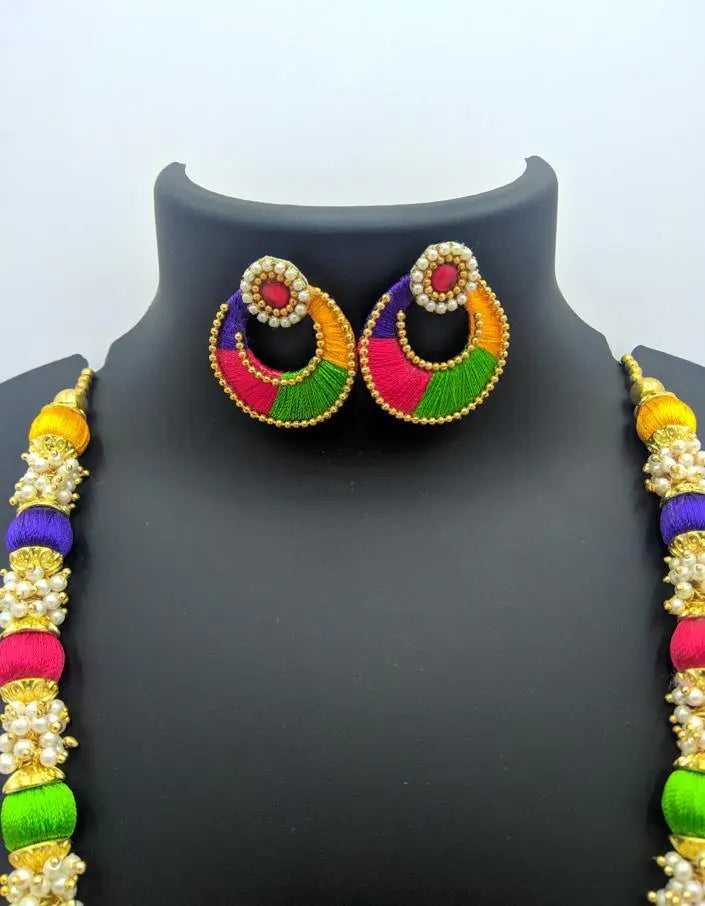 Multicolor Silk Thread Necklace with Loreal Pearl and Matching Earrings Saubhagyavati.in